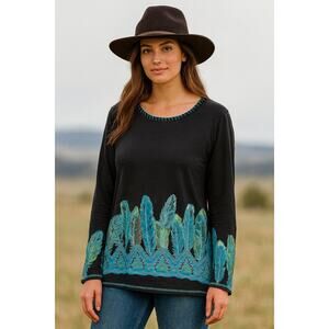 Double-D Ranch Handpainted Beaded Cotton Western Tunic Black/Blue Small